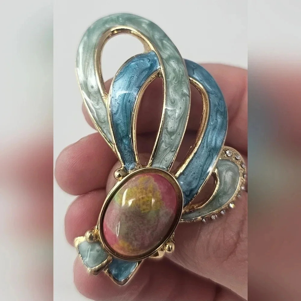 Vintage Enamel Gold-Tone Colorful Gemstone Brooch With Rhinestones - Picture 3 of 7